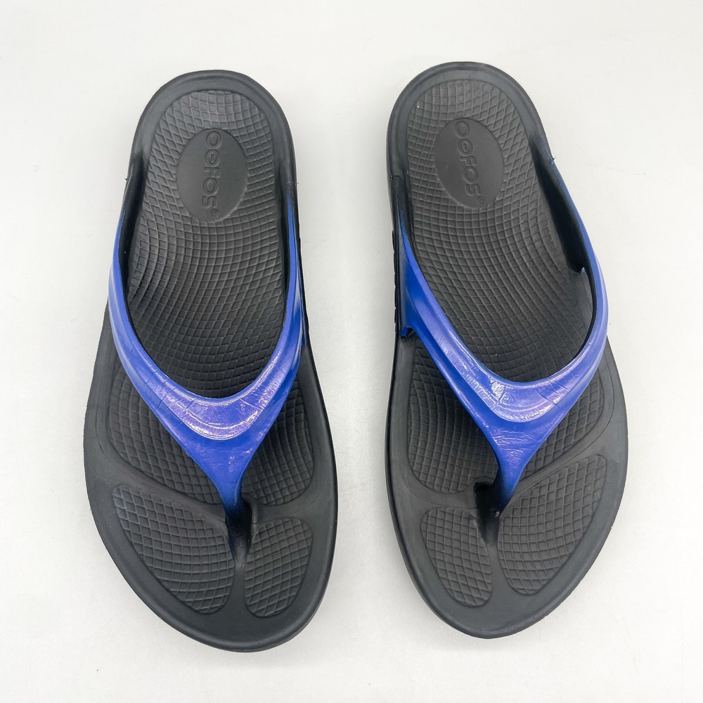 Oofos Womens 7 OOlala Recovery Shoes Thong Sandals Blue Black Yoga Beach Comfort